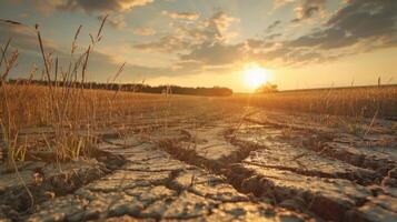 A dry, cracked field with a sun setting in the background photo