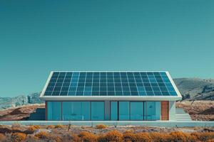 A house with solar panels on the roof and a large window photo