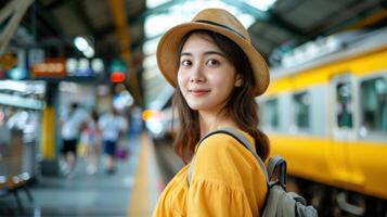 A woman wearing a straw hat and a yellow dress stands in front of a train photo