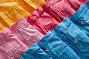 A row of shirts in different colors, including pink, yellow, and blue photo