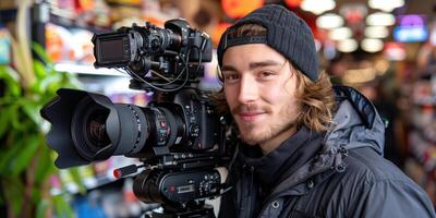 A man with a camera is smiling and holding a camera photo