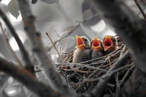 Tres bebé aves son sentado en un nido, uno de cuales es comiendo foto