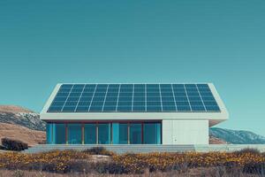 A house with solar panels on the roof and a large window photo