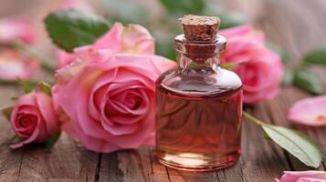 A bottle of rose oil is on a wooden table next to a bunch of roses photo