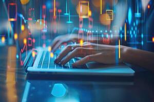 A person is typing on a laptop with a colorful background photo