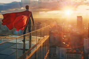 A man in a red cape stands on a rooftop in a city photo