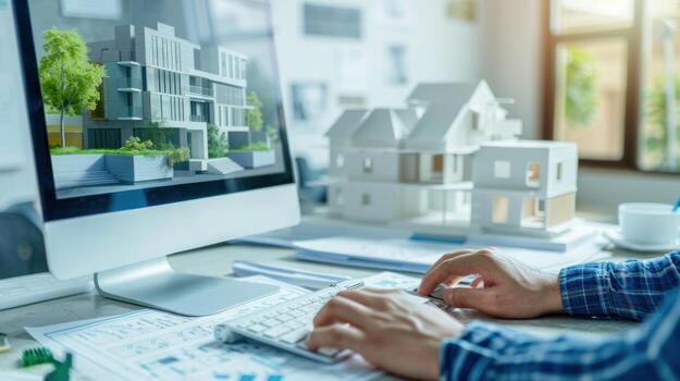A man is sitting at a desk with a computer monitor in front of him photo