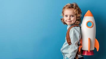 A young boy is standing with a toy rocket on his back photo