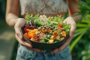 A woman is holding a bowl of food that contains vegetables photo