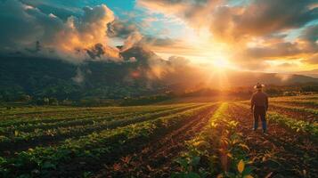 A man stands in a field of crops with the sun shining on him photo