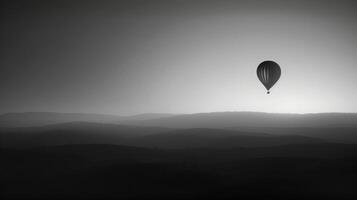 A hot air balloon is floating in the sky above a vast, empty field photo