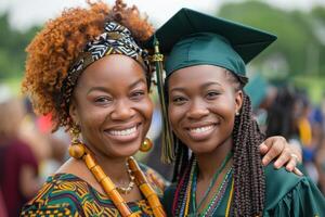 African mother and daughter are smiling and wearing graduation gowns photo