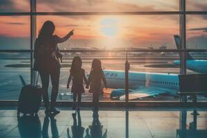 A family of three is walking through an airport terminal with their luggage photo