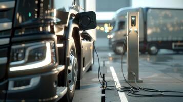 A large black truck is being charged at a charging station photo