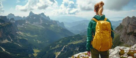 un mujer es en pie en un montaña parte superior con un amarillo mochila en foto