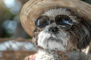 A small dog wearing sunglasses and a straw hat photo