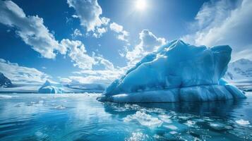 un grande hielo bloquear se sienta en el medio de un cuerpo de agua foto