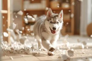 Siberian husky, broken vase fragments of porcelain around the dog in a modern house living room area photo