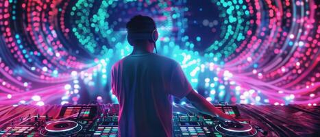 A man is playing a DJ set in front of a colorful light show photo