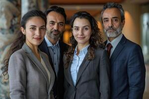 A group of four people are posing for a photo in suits