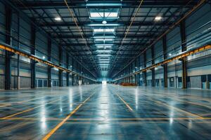 A large, empty warehouse with a yellow line on the floor photo