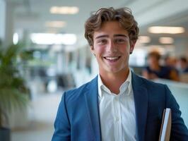 A young man in a suit and tie is smiling and holding a notebook photo