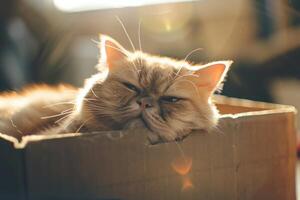un gato es dormido en un cartulina caja foto