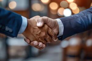 Two men shake hands in a business meeting photo