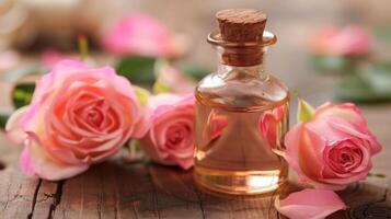 A bottle of rose oil is on a wooden table next to a bunch of roses photo