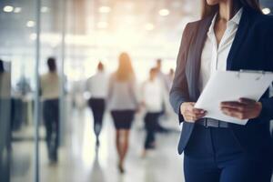 A woman in a business suit is walking through a office with other people photo