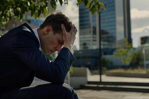 A man in a suit is sitting on a bench and looking down. He is in a state of distress or sadness photo