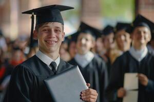 un hombre en un graduación vestido participación un diploma foto