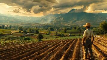 A man stands in a field of crops with the sun shining on him photo