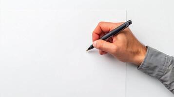 A hand is writing on a blank piece of paper with a pen photo