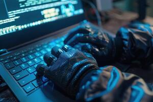 A hacker wearing gloves is typing on a laptop keyboard photo