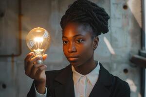 African American woman holding a light bulb in her hand photo