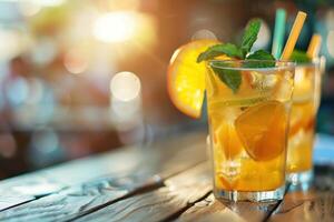 A glass of lemonade with a straw in it and a slice of lemon on the side photo