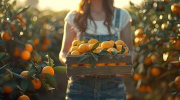 A woman is holding a basket of oranges photo