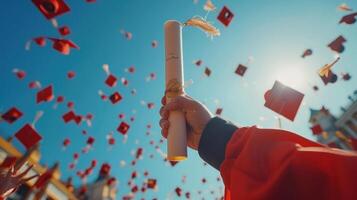 A person is holding a diploma and a cap while flying through the air photo
