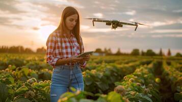 A woman is standing in a field with a drone flying above her photo