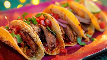 Three tacos with meat and vegetables on a red plate photo