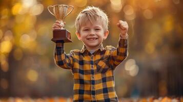 A young child is holding a trophy and smiling photo