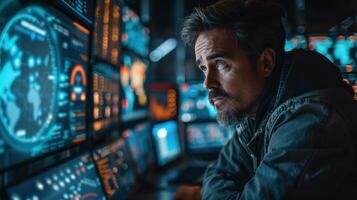 A man is sitting in front of a computer monitor security network photo
