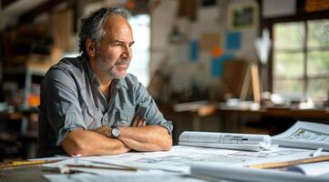 A man is sitting at a desk and writing on a piece of paper photo