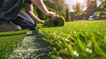 A man is laying down a piece of artificial grass photo