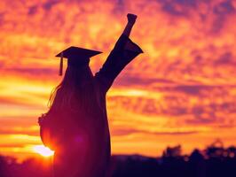 un mujer en un graduación gorra y vestido es en pie en frente de un puesta de sol foto