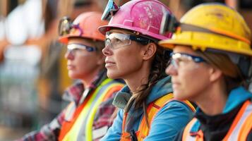 Three women wearing safety gear and hard hats are sitting together photo