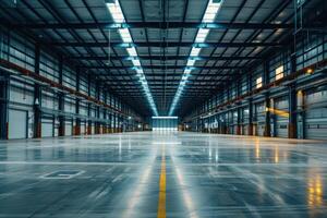 A large, empty warehouse with a yellow line on the floor photo