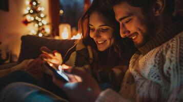 A couple is sitting on a couch and looking at a cell phone photo