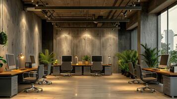 A large open office space with a lot of natural light and greenery photo